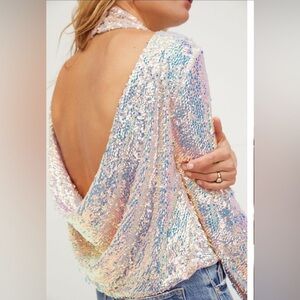 Free People Moonstruck Sequined Shimmer Draped Open Back Top S - New